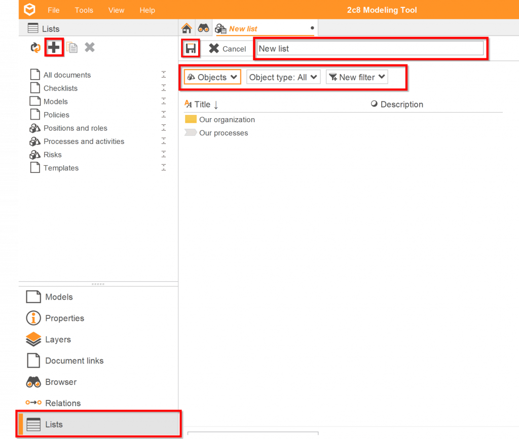 Create a new list in 2c8 Modeling Tool